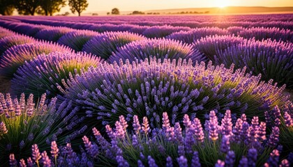 Fototapeta premium Lavender field glowing in golden hour sunlight with distant trees in horizon