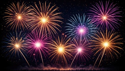 Fototapeta premium Vivid explosion of fireworks in a starry night sky, colorful bursts illuminating darkness