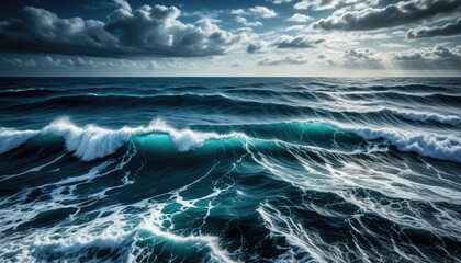 Stunning ocean scene. Rolling waves, turquoise water, stormy sky, sunlight beams