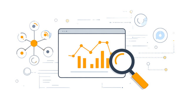 Data Analysis: A close-up view of a computer monitor displaying financial graphs, with a magnifying glass examining the analytics, symbolizing data analysis and the process of evaluating insights.