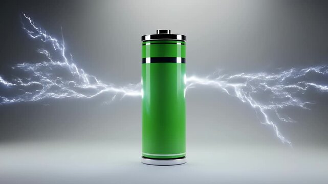 Green Energy Battery Cylinder Surrounded By Lightning Bolts On Gradient Grey Background Symbolizing Power Generation And Renewable Sustainable Energy Future