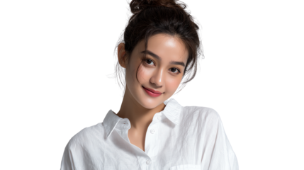 Charming Young Woman: A captivating young woman, radiates natural beauty as she looks directly at the camera. Her radiant smile lights up, revealing her unique elegance and timeless appeal.