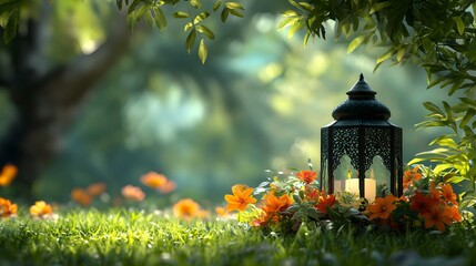 Candlelit lantern sits amongst flowers in a sunlit garden.