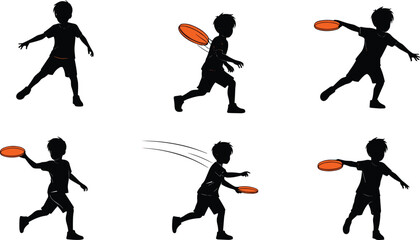 Silhouette of boy playing frisbee, child throwing disc, outdoor fun, active kid motion, sports activity, summer play, vector illustration, training