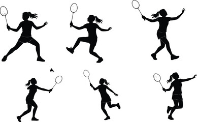 Silhouette of women playing badminton, female athlete action poses, racket sports, shuttlecock game, fitness activity, dynamic movement, vector illustration, training concept
