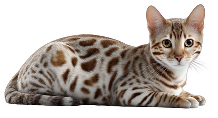 A domestic Bengal cat with distinctive spotted fur is lying down, showcasing its unique coat pattern and calm demeanor.