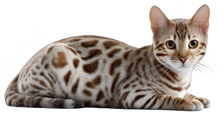 A domestic Bengal cat with distinctive spotted fur is lying down, showcasing its unique coat pattern and calm demeanor.