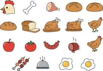 Food icon set, poultry illustration, bread and meat, roasted chicken, sausage sketch, kitchen ingredients, cartoon food, cooking theme, menu design, stylized cuisine