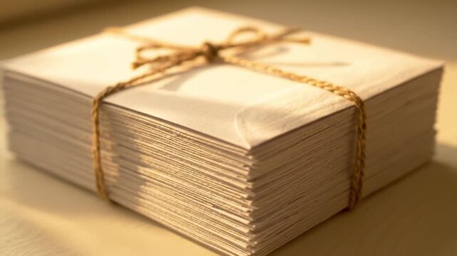 A neatly arranged stack of classic white paper envelopes, securely bound together with a rustic piece of natural twine for sending mail