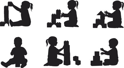 Silhouette of children playing with building blocks, early learning activity, creative kids constructing toy towers and educational playtime concept illustration
