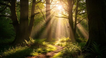 Obraz premium Sunlight streams through a lush green forest illuminating a path
