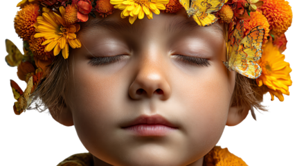 Serene Blooms: A child, adorned with a floral crown, closes their eyes in tranquil contemplation, exuding peace and natural beauty.