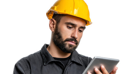 Builder with Digital tablet: A builder with a yellow hard hat and using a digital tablet, focused on construction plans, showcasing modern tools and technology within the industry.