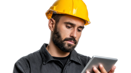 Builder with Digital tablet: A builder with a yellow hard hat and using a digital tablet, focused on construction plans, showcasing modern tools and technology within the industry.