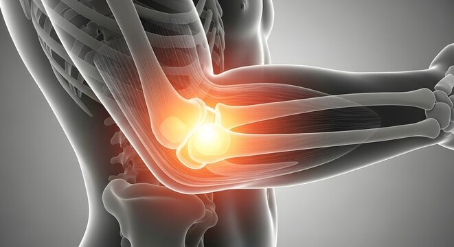 Anatomical illustration of a painful elbow joint with inflammation