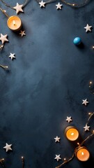 A dark blue background with white stars and candles.