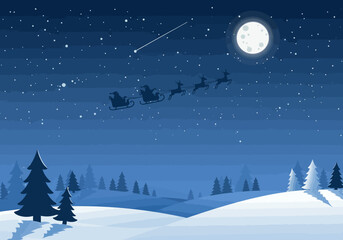 Fototapeta premium Christmas Eve Scene with Santa Claus and Sleigh Crossing a Starry, Snowy Sky