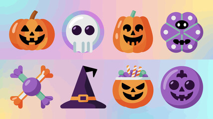 Collection of cute Halloween-themed vector illustrations with pumpkins, skull, and candy elements