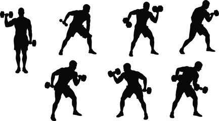 Silhouette of man lifting dumbbells, bodybuilding and strength training exercise, fitness and gym workout concept, muscular athlete illustration vector