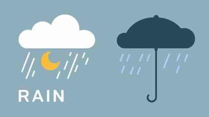 Colorful flat design illustration showing rain, moon, cloud, and umbrella on a blue background