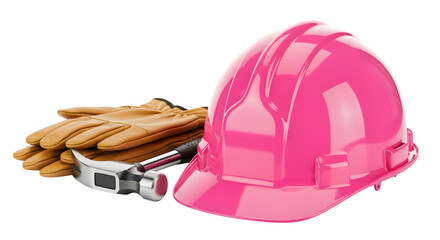Pink hard hat, hammer, and gloves isolated on transparent background