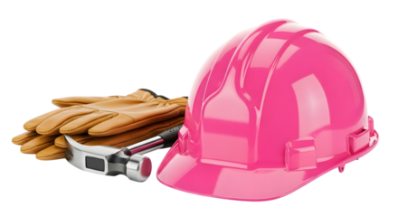 Pink hard hat, hammer, and gloves isolated on transparent background