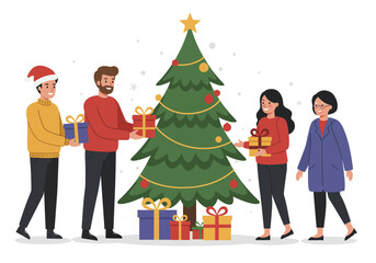 Cheerful Christmas Gift Exchange Among a Group of Adults Next to a Decorated Christmas Tree 