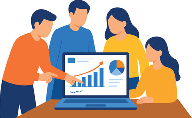 Business analytics dashboard on laptop, team pointing at graph