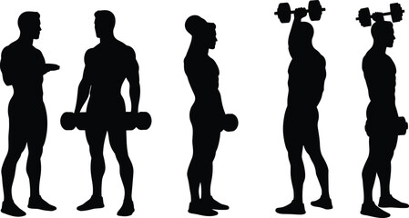 Silhouette of men lifting dumbbells, bodybuilding and gym workout exercise, strength training concept, muscular athlete fitness illustration vector design