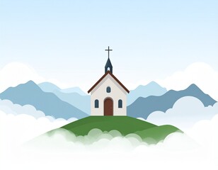 Church on Hilltop with Mountains and Clouds Illustration