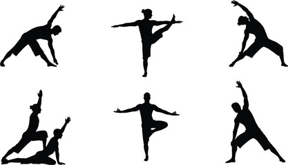 Silhouette of people practicing yoga poses, balance and flexibility training, meditation, mindfulness, fitness exercise, healthy lifestyle, vector illustration, calm energy