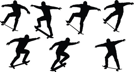 Silhouette of skateboarder performing tricks, extreme sports concept, urban lifestyle, active young man skating and balancing on skateboard isolated background