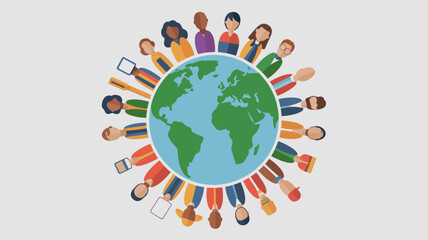 Illustration of diverse people surrounding the globe representing global community and unity