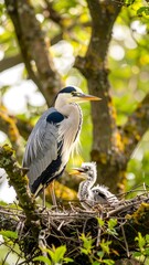 Heron and chick in nest
