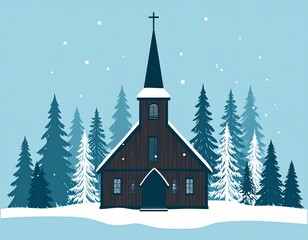Rustic wooden church in a snowy winter forest with falling snow.