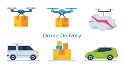 Modern drone delivery service concept illustration featuring various transportation methods and packages