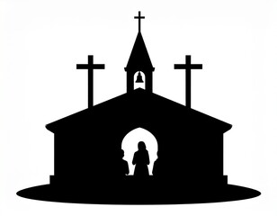 Silhouette of a Church with Crosses and People Praying Inside, Black and White Illustration