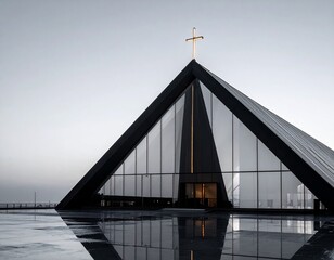 Modern Triangular Church with Illuminated Cross and Reflective Wet Ground