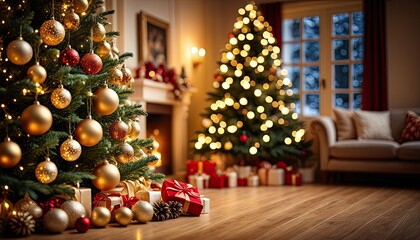 Cozy festive living room decorated for the holiday season