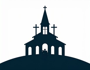 Silhouette Church with Family, Religious Symbol, Faith Concept.