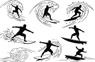 Surfer silhouette, wave riding, ocean sport, surfing action, beach lifestyle, dynamic pose, surfboard balance, water splash, extreme sport, coastal energy, sea movement