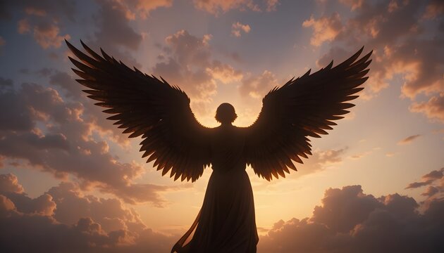 Silhouette of an Angel in the Sky – Heavenly Figure with Wings in Glowing Light - Powered by Adobe