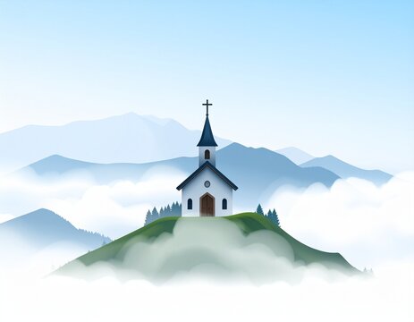 Serene White Church on a Green Hill Amidst Misty Blue Mountains and Clouds