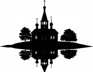 Silhouette of Russian Orthodox Church with Reflection and Trees on White Background
