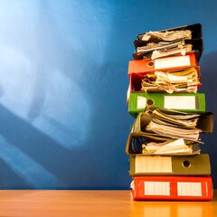 High stack of overflowing files against a wall