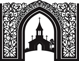 Silhouette of a Church with Crosses Framed by Ornate Archway Design