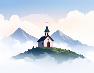 Serene Church atop a Misty Mountain Peak Under a Pastel Sky