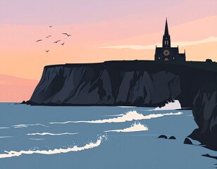 Coastal Church Silhouette at Sunset with Cliffs and Ocean Waves