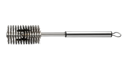 Round metal brush isolated on transparent background is used for cleaning pipes, tubes, and other cylindrical objects with a long handle for easy grip