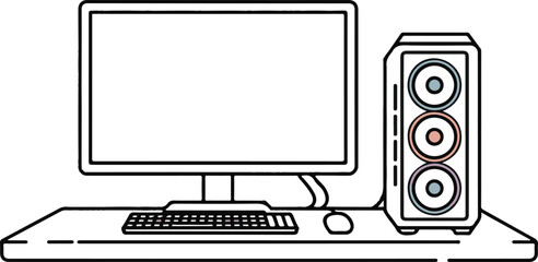 Gamer Desk Setup Vector – Monitor, Gaming Tower, Keyboard and Mouse, Minimal Line Art